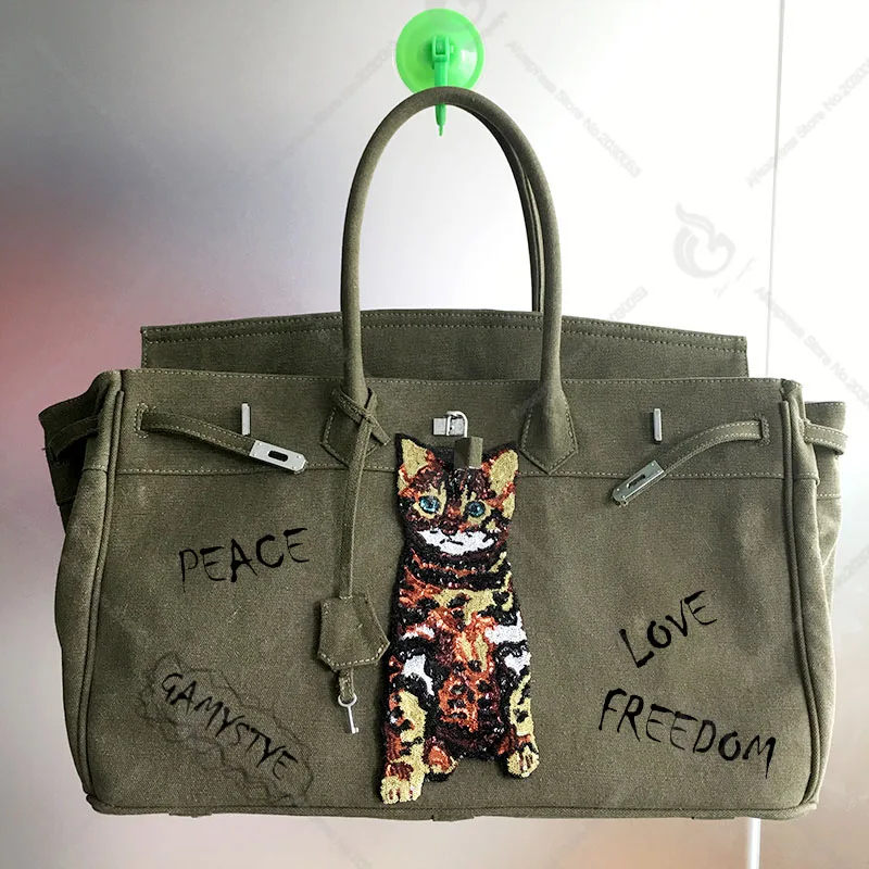 

Gamystye 2018 New Cut Cat Women Canvas Tote Lock Hasp 18' large bag Design Luxury Bolsa Feminina Designer Handbag Messenger Bags