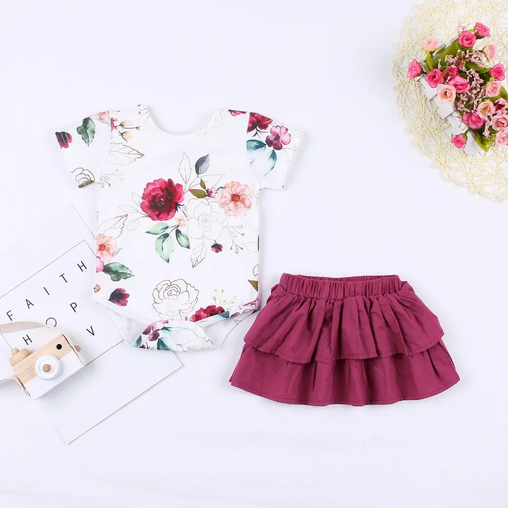 

Newborn Infant Kids Baby Girls Outfits Fashion Floral Body Tops + Skirts Toddler 2pcs Clothes Sets Children Cotton Costumes 0-2Y