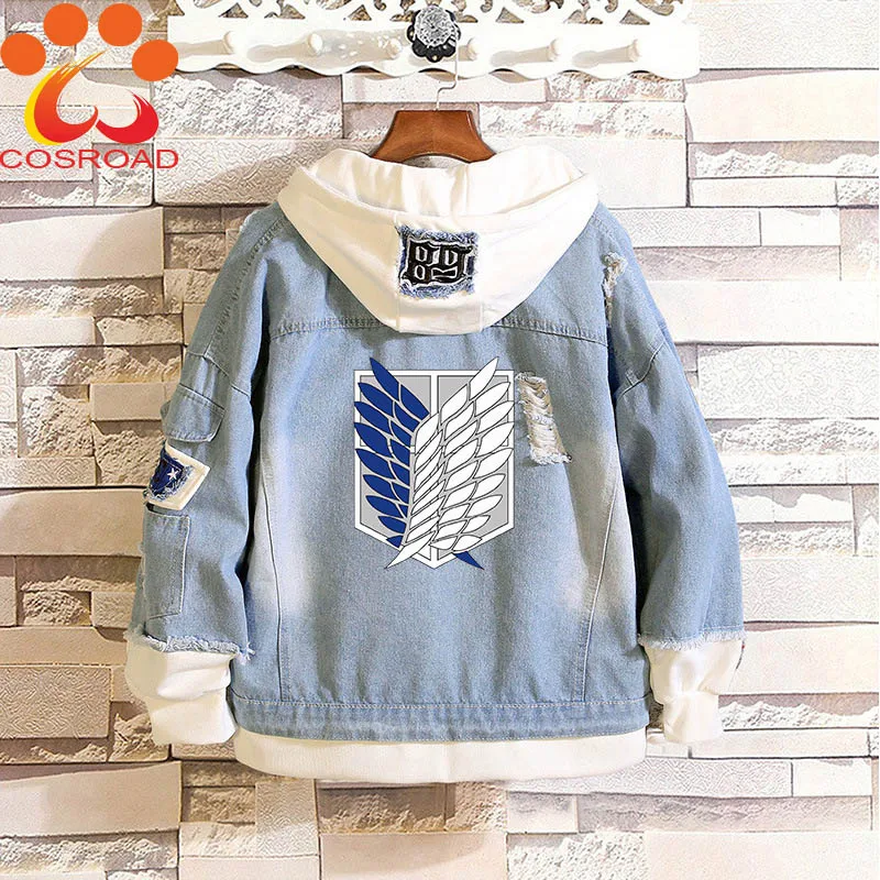 

Cosroad Attack on Titan Jeans Jacket Scout Regiment Cosplay Denim Jacket Autumn Hooded Sweatshirt Outwear Coat