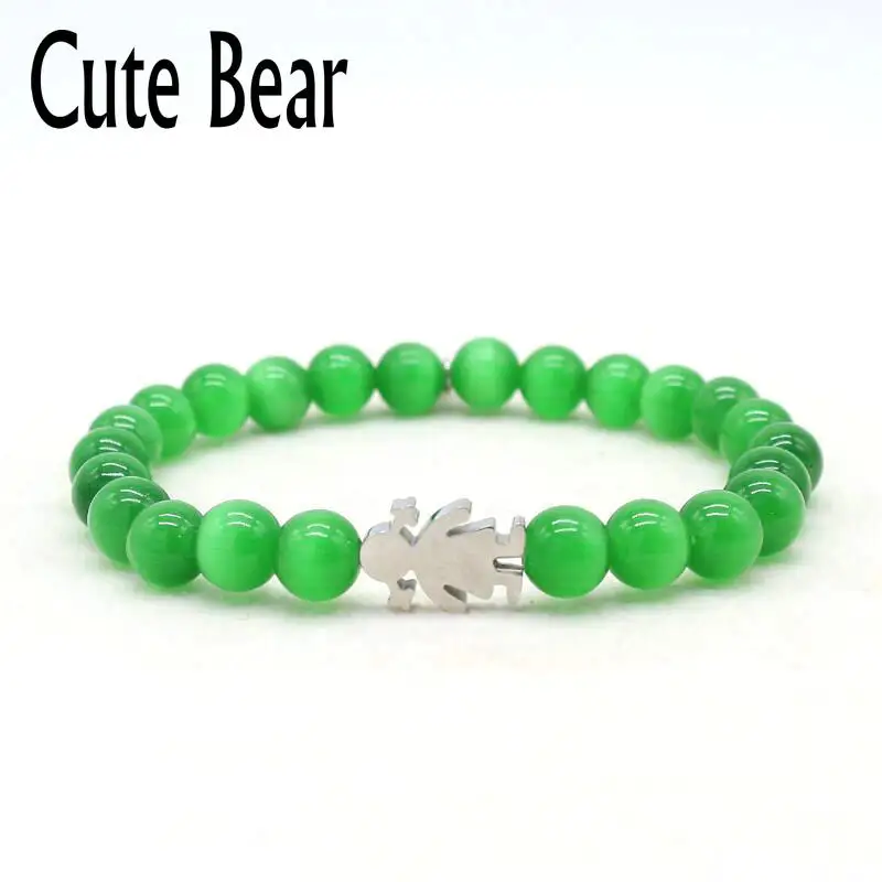 

Cute Bear Brand Bracelet For Women Fashion Green Cat Eye Stone Stainless Steel Little Boy and Girl Beaded Bracelet Women Jewelry