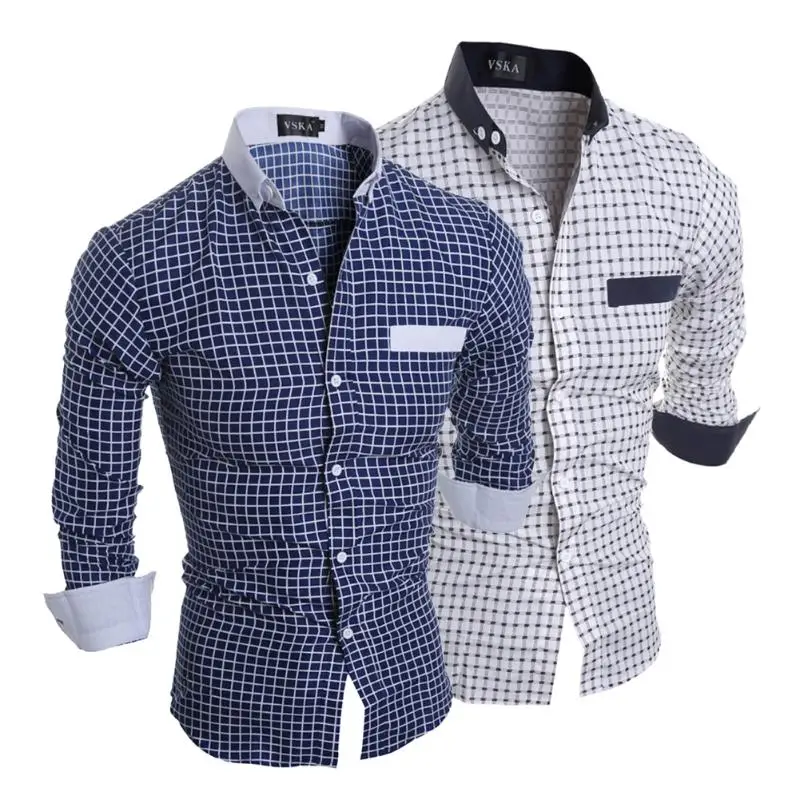 Luxury Mens Office Plaids Shirt Slim Fit Men Dress Slim Fit Cotton Long