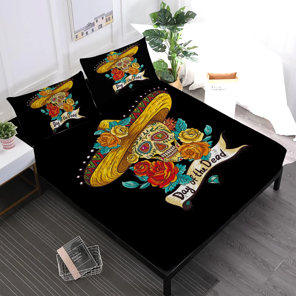 Golden Sugar Skull Bedding Set Halloween Flowers Print Fitted Sheet King Queen Bed Sheets