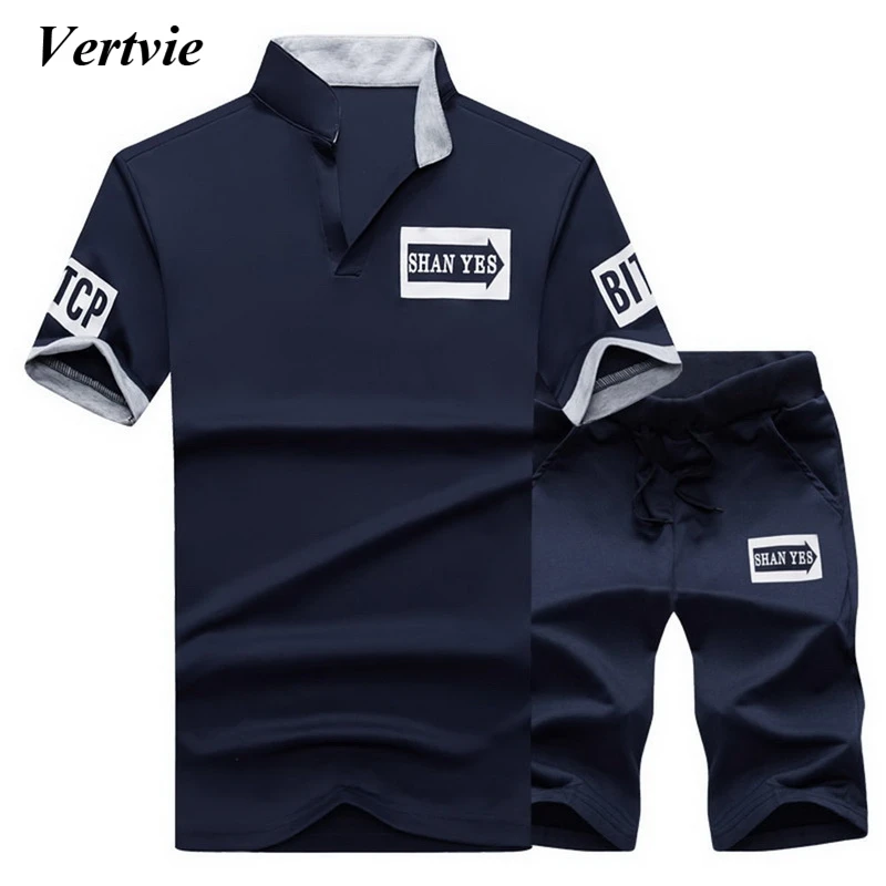

Vertvie 2019 New Sportsuit Men Running Suits Summer Breathable Short Set Workout Fitness T-shirt Shorts Gym Tracksuit Sets 2PC