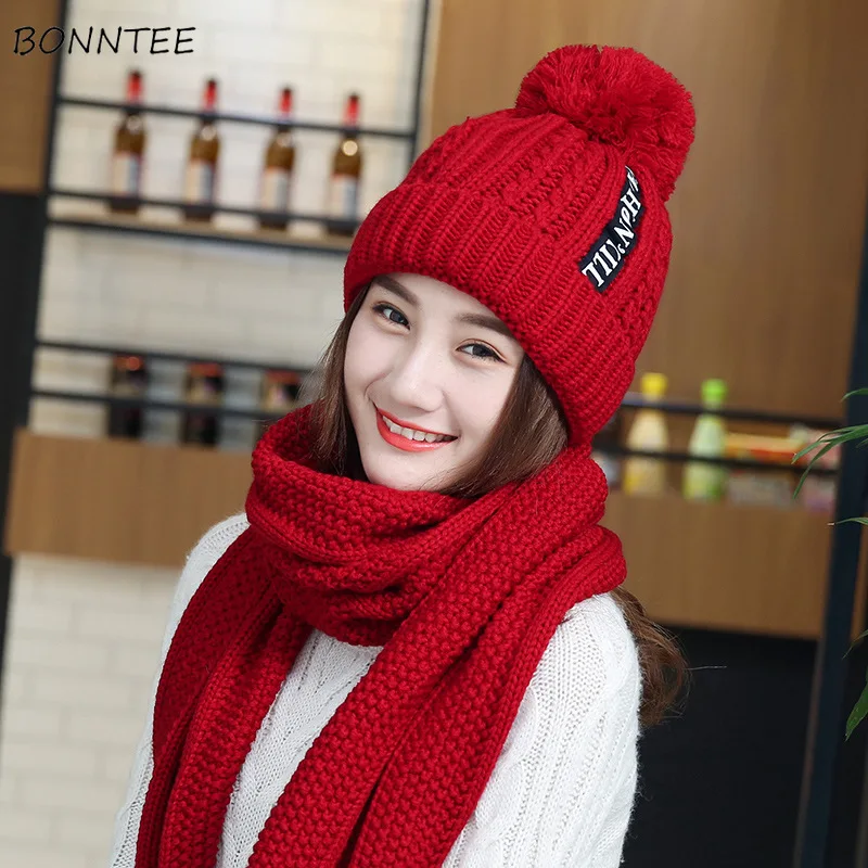 

Scarf and Sets Women 3 Pieces Set Pompom Winter Warm Letter Printed Womens Thicker Plus Velvet All-match Sweet Ladies Elegant
