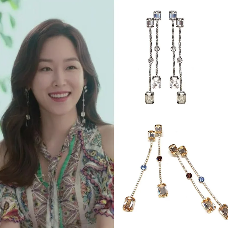 

New Korean TV Star Fashion Women Precious Stone Dangle Earrings Elegant Shiny Rhinestone Long Crystal Pendientes Jewelry Gifts