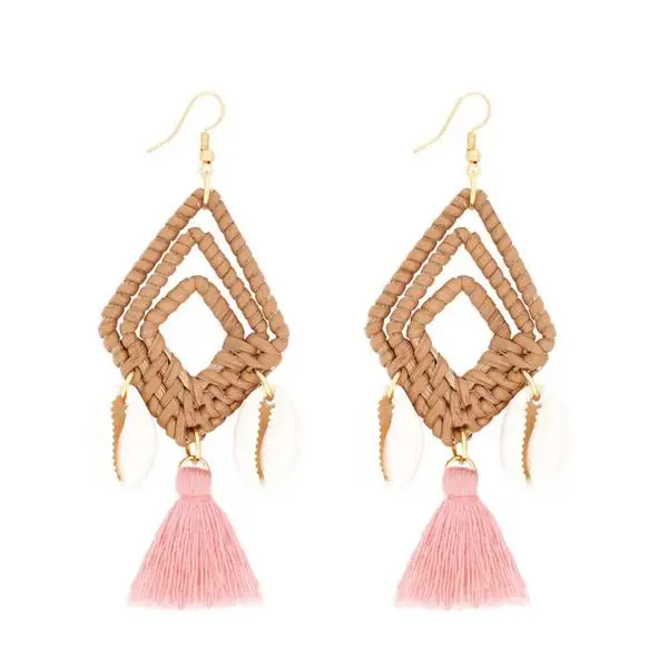 Latest Design Womens Rattan Tassel Wicker Woven Sea Shell Conch Hooks Earrings Jewelry 2019