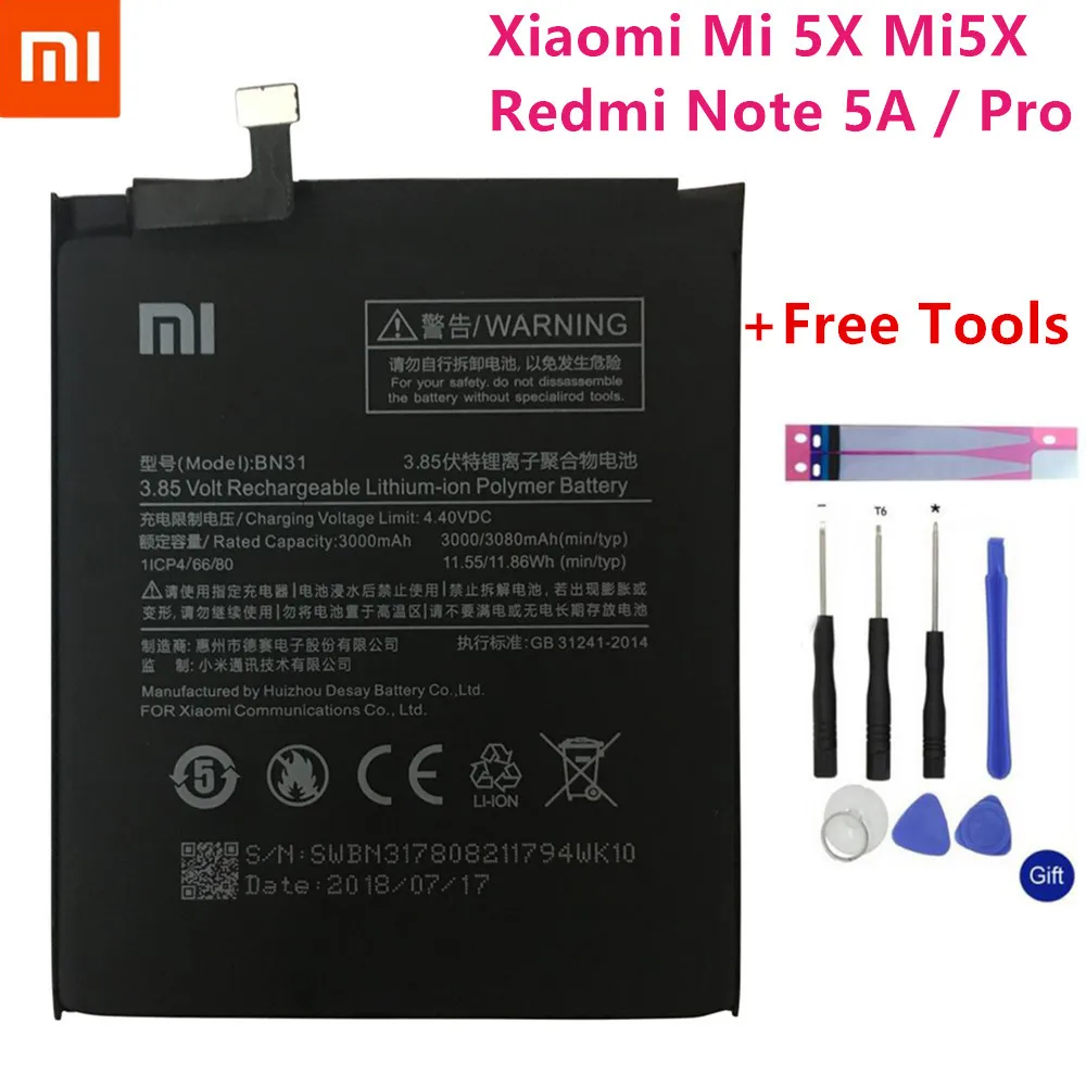 

100% Original 3080mAh BN31 Battery with Temperature sensor For Xiaomi Mi 5X Mi5X \ Redmi Note 5A 5A pro Mobile Phone Batteries