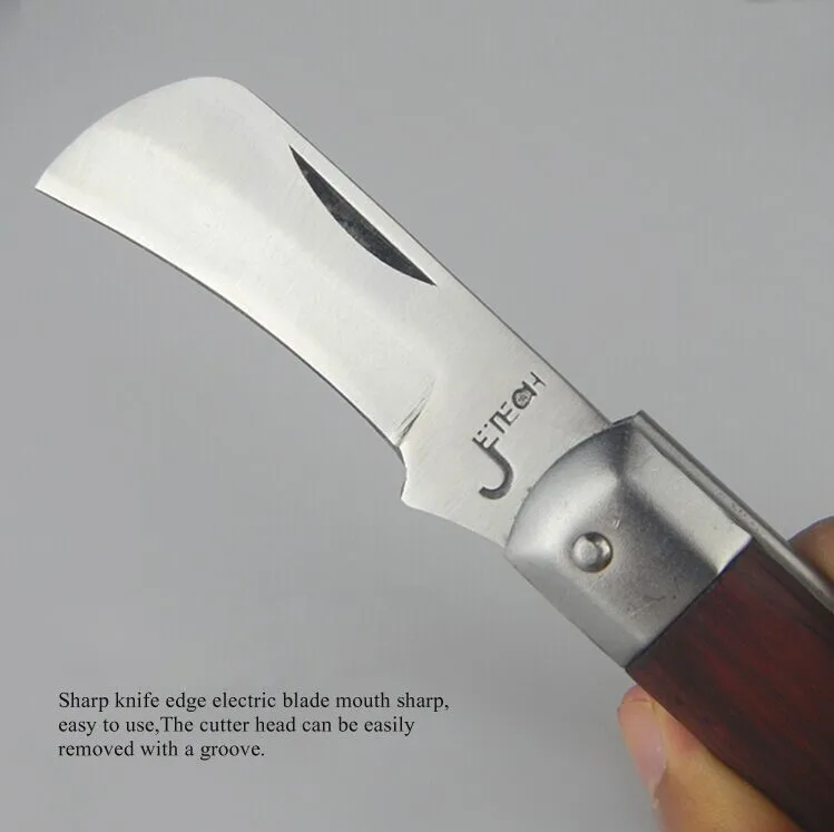 Jetech pocket folding pneutronic curved edge blade knife for wire stripping tools wooden handle with notch and rings EK-8B