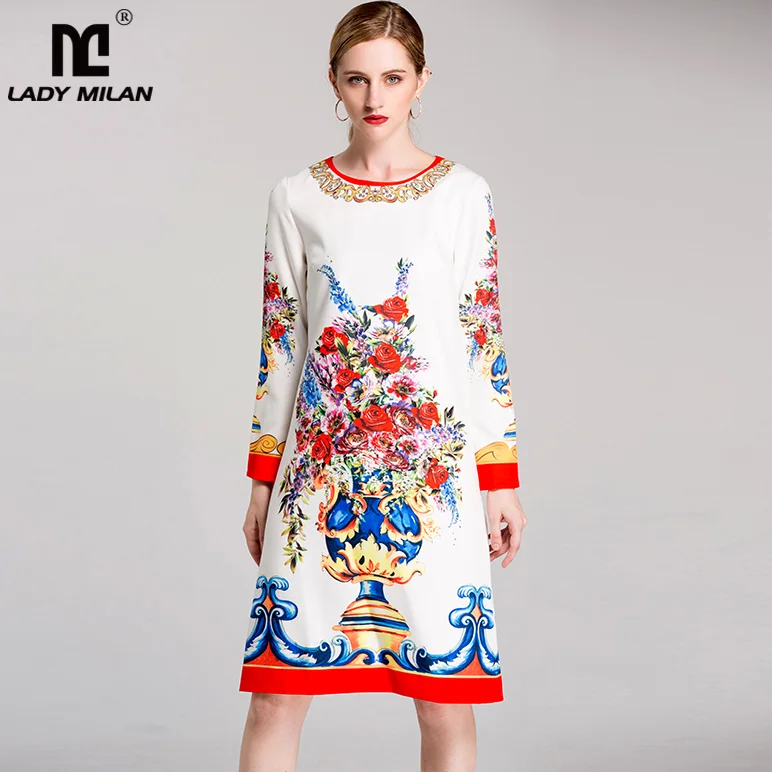 New Arrival 2018 Women's O Neck Long Sleeves Floral Printed Elegant Straight Fashion Dresses | Женская одежда