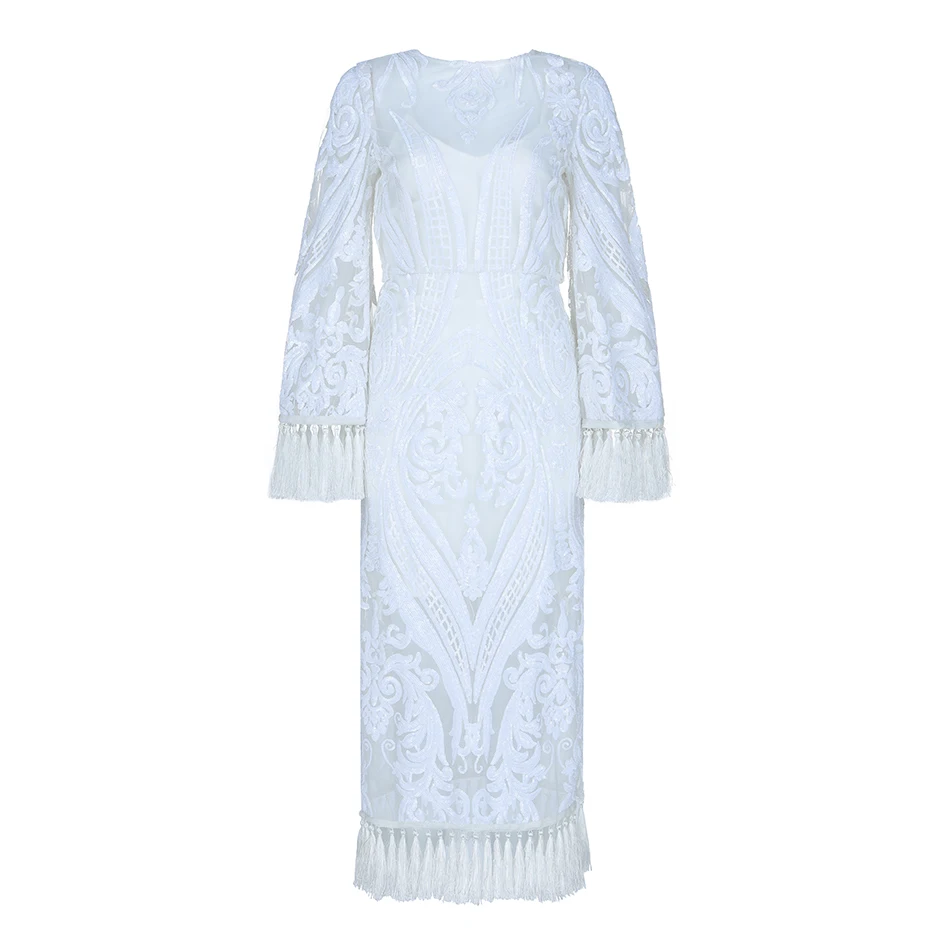 Модфи зимнее новое женское белое Бандажное платье сексуальное кружевное тонкое платье с длинными рукавами и кисточками с блестками женские вечерние платья Vestidos