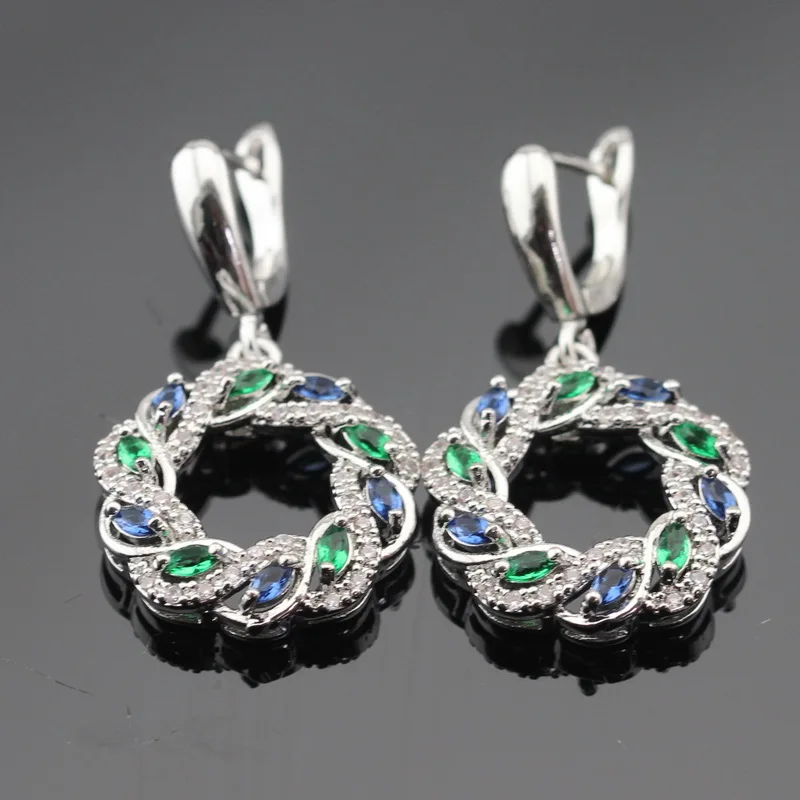 WPAITKYS зеленый синий кристалл белый цирконий серебряный цвет Ювелирные наборы для женщин ожерелье кулон серьги Кольца подарочная коробка