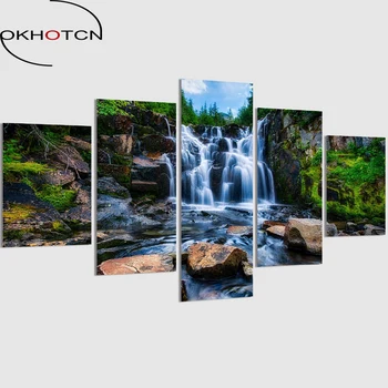 

OKHOTCN Framed 5 Pieces Waterfall Painting Modern Home Decor Canvas Art Mountain Scenery Pictures Wall Artwork HD Printed Poster