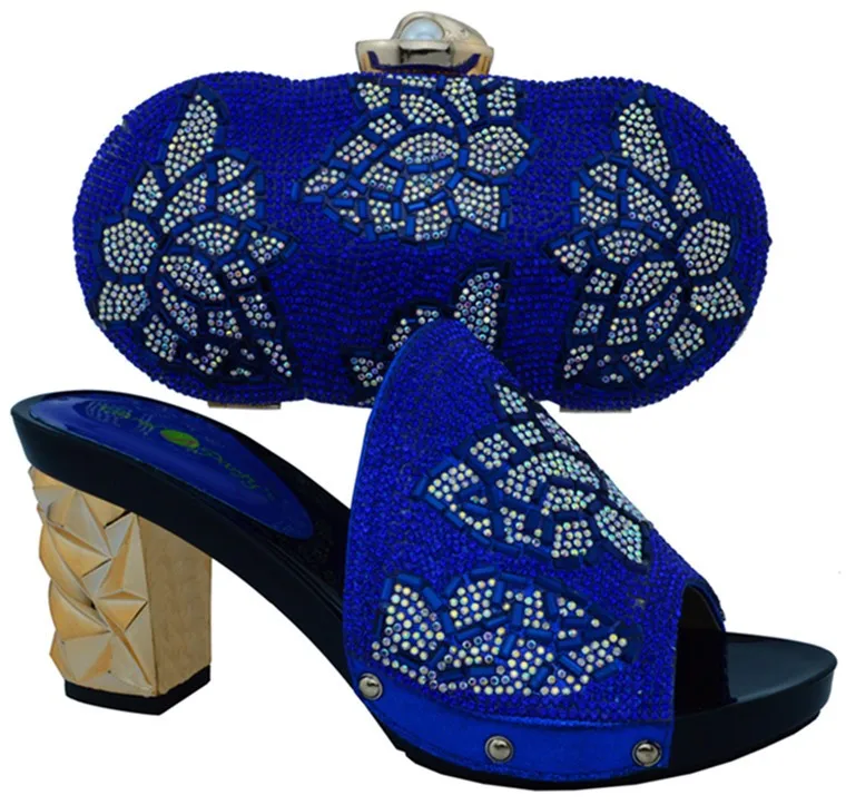 

New Arrival Woman Shoes And Matching Bag Set Fashion African Middle Heels Shoes And Evening Bag Set For Party Royal Blue BCH-10