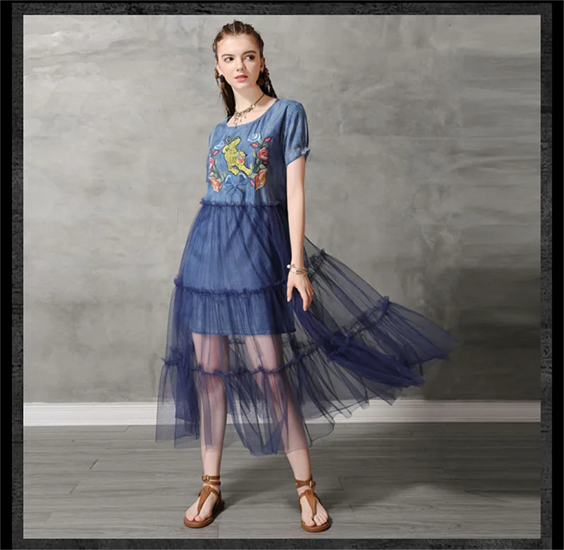 Summer Sexy Mesh Dress 2019 Vintage Women Denim Dresses Tiger Embroidery Chiffon Patchwork Vestido O-neck Dress KE82176 (8)