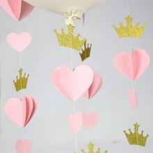 3D Золотой розовый сердце Корона бумажные гирлянды для дня рождения украшение принцессы Девушка гирлянда бумажная Сладкая 16 вечерние украшения банты