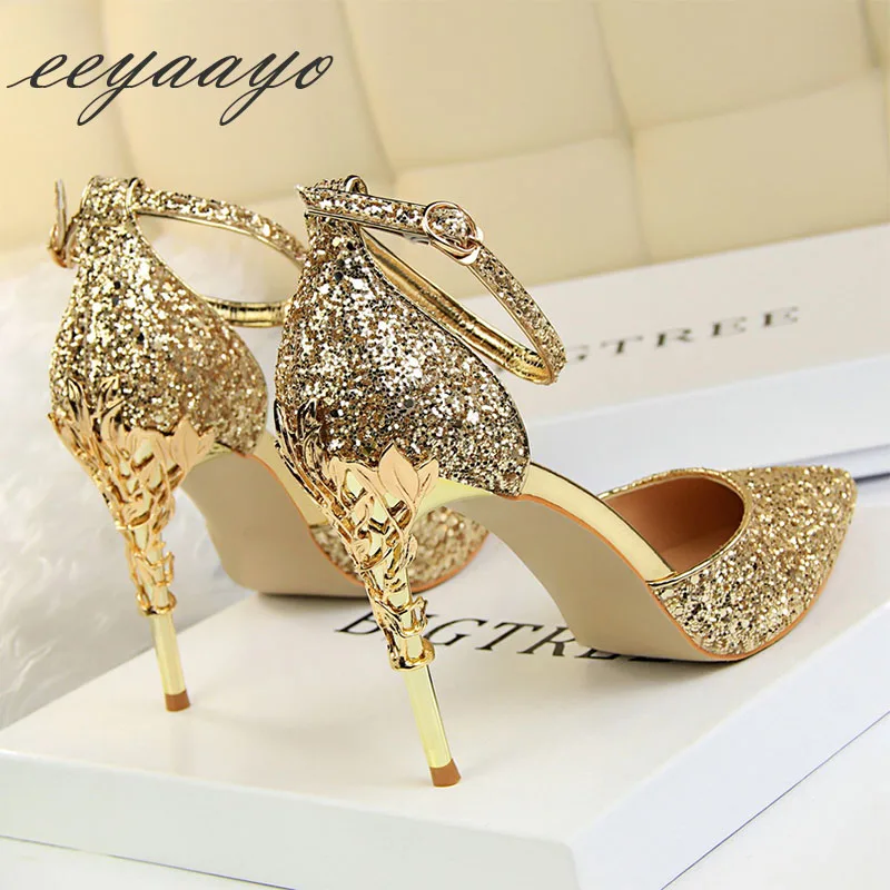 

2019 New Summer Women Sandals High Thin Heel Metal Pointed Toe Buckle Sexy Ladies Bling Bridal Wedding Women Shoes Gold Pumps