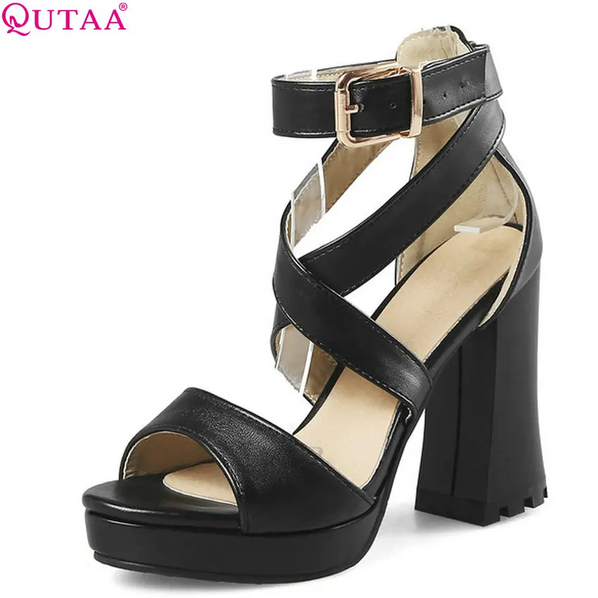 

QUTAA 2018 Women Sandals Pu Leather Square High Heel All Match Women Shoes Platform Buckle Westrn Style Women Sandals Size 34-43