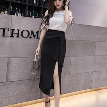 Сексуальная Женская облегающая юбка с высокой талией, Однотонная юбка с разрезом, тонкая Офисная Женская юбка со шнуровкой