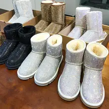 19; Новая модель; зимние полусапоги; овечьем меху Стразы Полный теплые ботинки со стразами под бриллианты теплая водонепроницаемая женская обувь ботинки в винтажном стиле Большие размеры