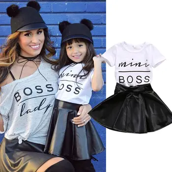 

2019 Sweet Kids Girls Clothes Short Sleeve Mini Boss Print T-shirt Tops + Black Leather Skirts Summer Outfits 2PCS Set 1-6Years