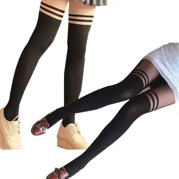 

Women Girls Double Striped Printed Hosiery Pantyhose Patchwork Sexy Fake Stockings Tattoo Leggings Tights Contrast/Solid Color