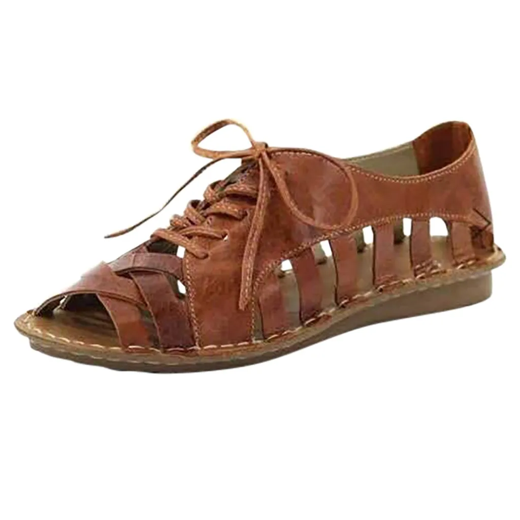 KLV/Летние босоножки в винтажном стиле; женская повседневная обувь на шнуровке с открытым носком; нейтральные Летние босоножки на плоской подошве; Zapatos De Mujer; Новинка - Цвет: Brown