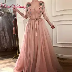 Новое поступление 2018 торжественное платье милое под заказ Фея тюль цветы линии пыльно розовый Vestido вечерние платья длинное