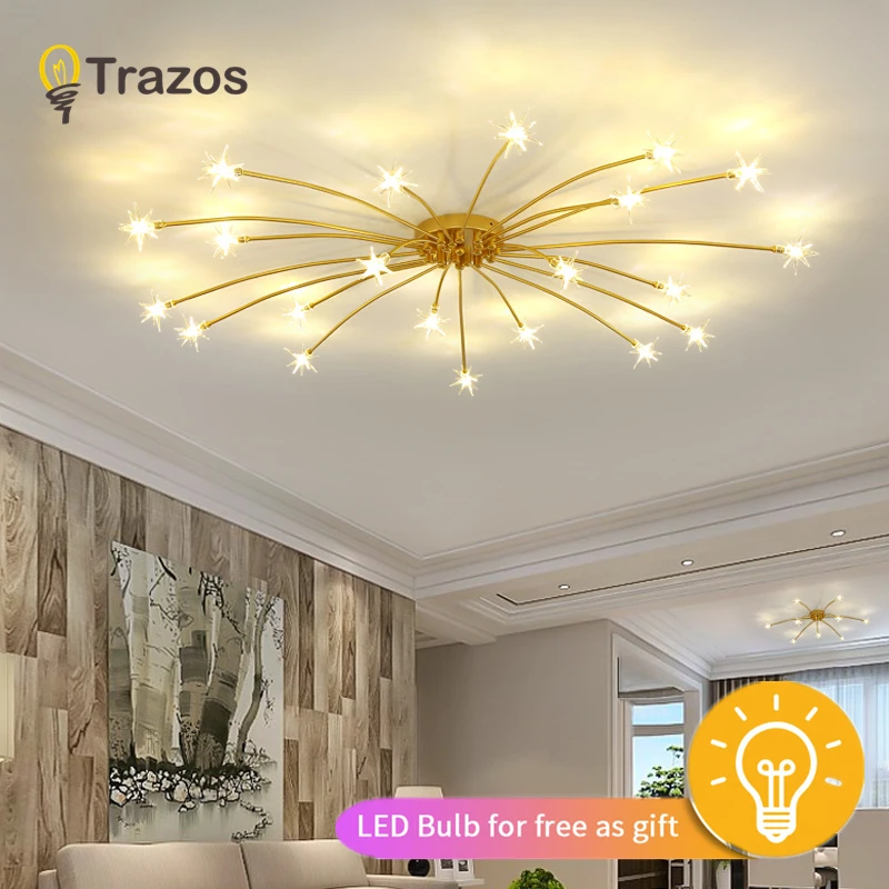 

TRAZOS Nordic Gold/Black/Silvery Ceiling Lights 12/15/21 lights Ice Flower Glass Ceiling Lamp Modern Living Room Ceiling Light