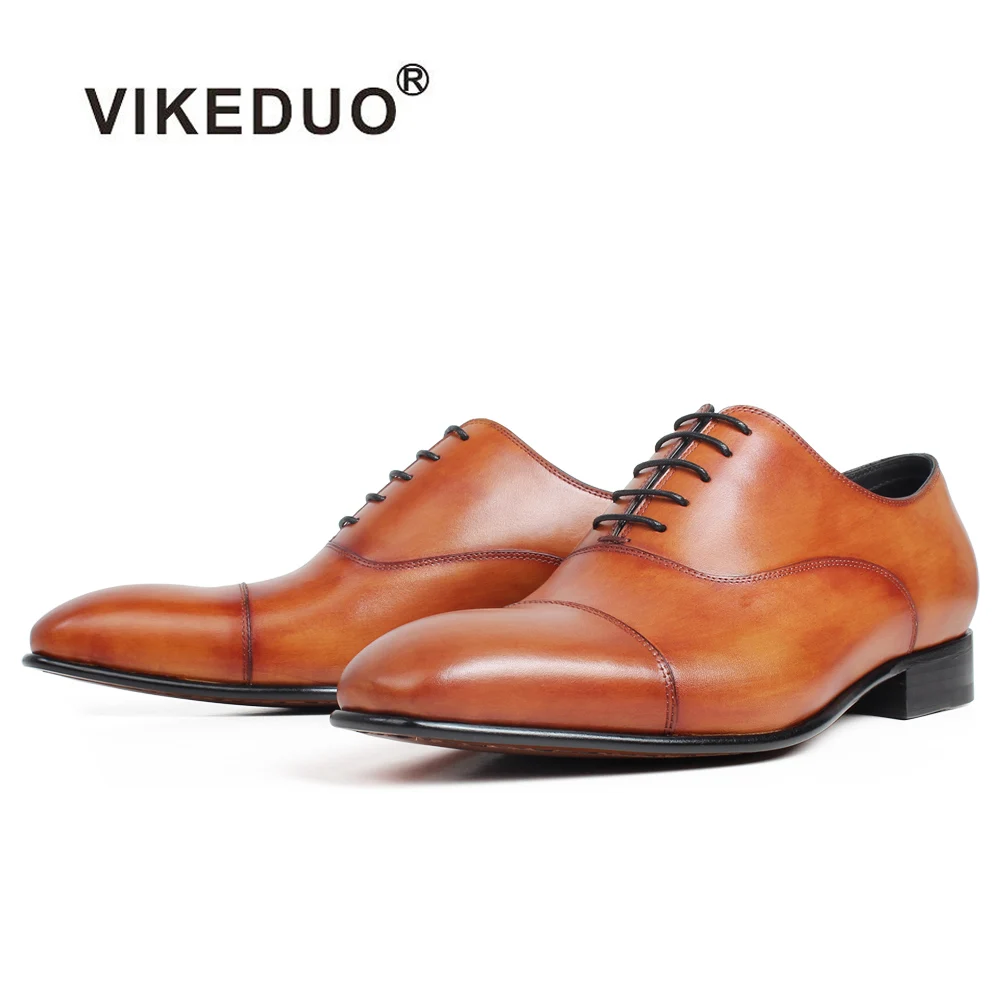 Vikeduo Patina Brown Oxford Dress Shoes Square Toe Genuine Cow