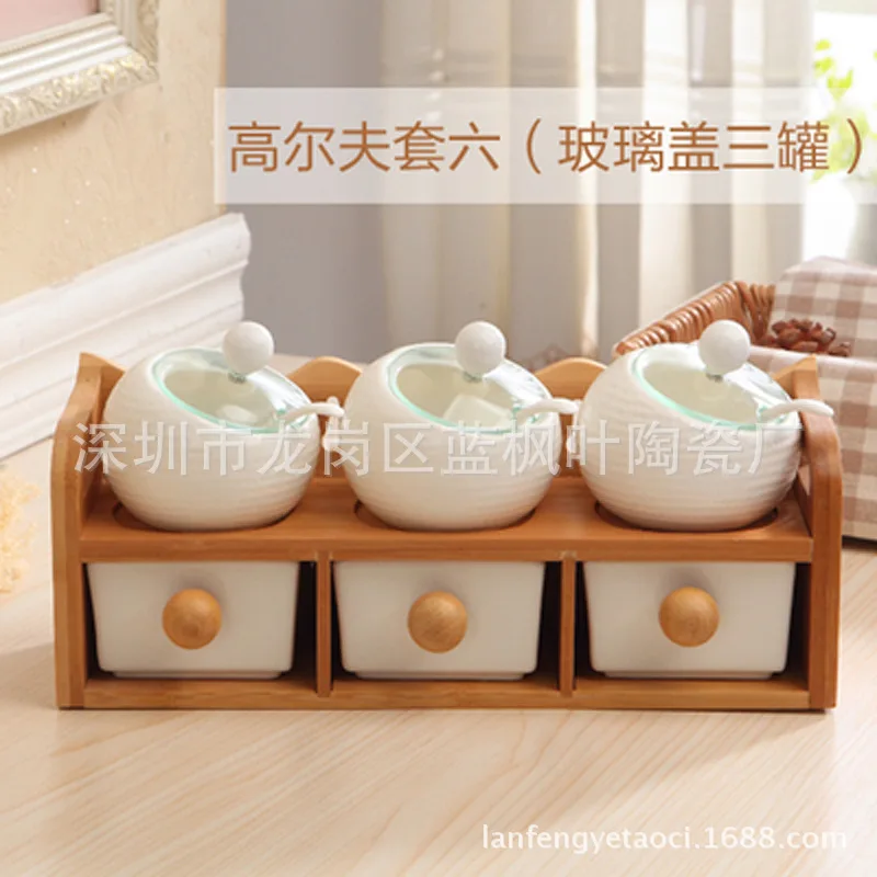 European Style Seasoning Caster Pot Kitchen Condiment Gravy Boats Salt Pepper Storage Box Double Shelves Kitchen Spice Rack