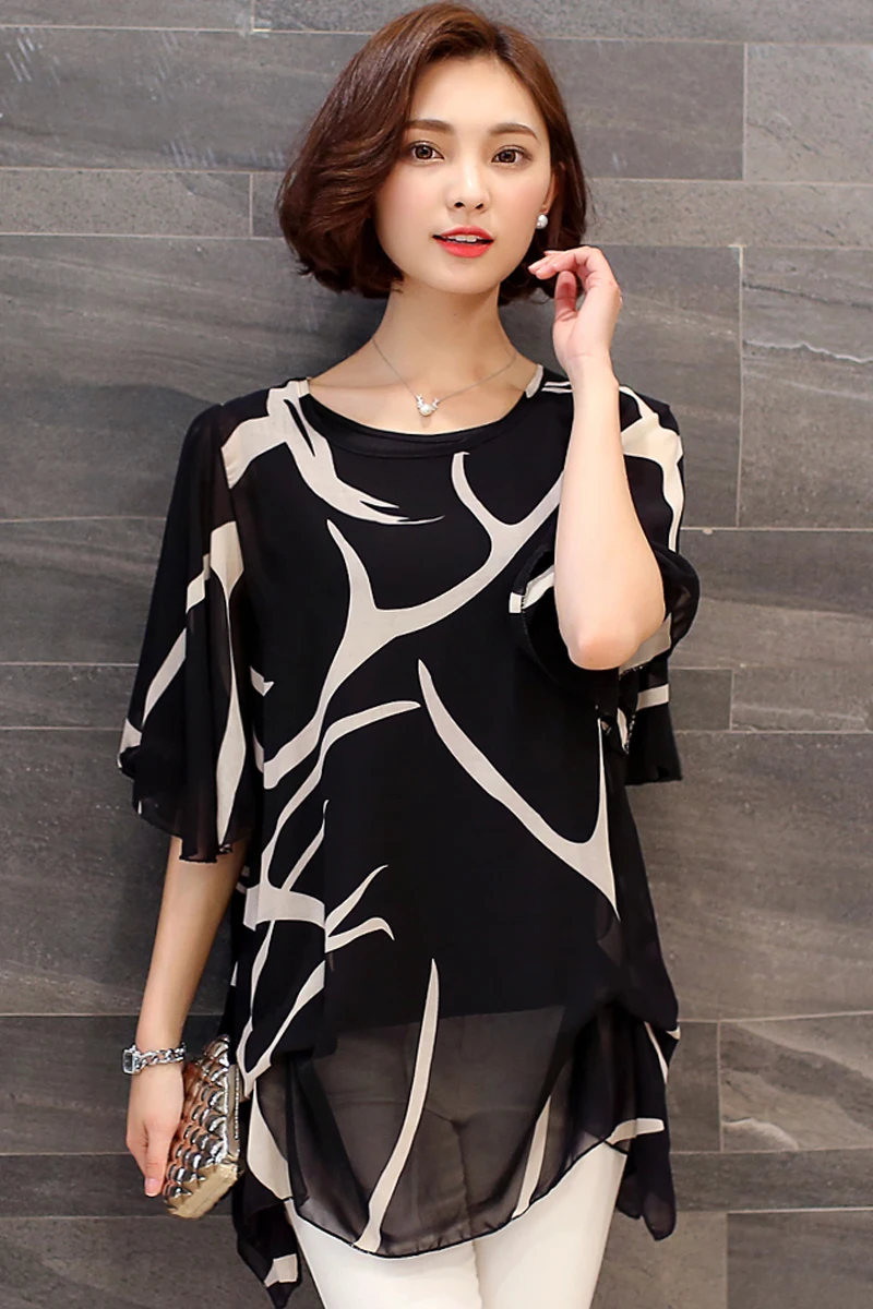 الإناث الربيع زائد حجم قصيرة الأكمام س الرقبة مخطط طويل بلوزة شيفون امرأة الصيف المتضخم التحوط فضفاضة غير النظامية قمصان