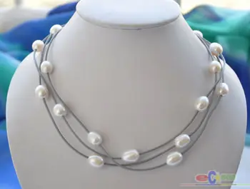 

wholesale 3row 18" 14mm white rice pearl gray leather necklace