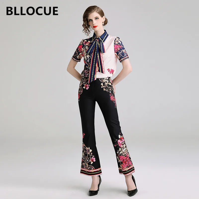 

BLLOCUE 2019 Designer Runway Womens Two Piece Set Turn-down Collar Short Sleeve Bow Shirt Tops + Ankle-Length Pants Flare Vintag