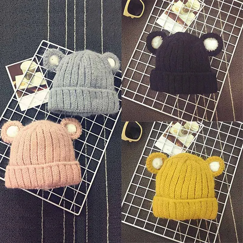 

Fashion Solid Color Kids Knitted Hat Cute Cartoon Baby Hat With Ears Girls Boys Thicken Warm Winter Caps
