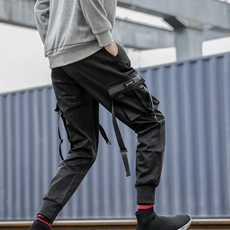 

MJARTORIA Elastic Waist Drawstring Streetwear Punk Jogging Overall Cargo Pants Multi-pockets Pencil Pants pantalones hombre