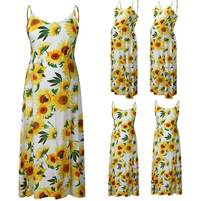 Tommer Women Sleeveless Pregnant Maternity Flower Ladies Print Sunflower Slip Dress