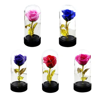 

Beauty Rose Artificial Rose Flower with Gold Stem and LED Light String in Glass Fot Valentine's Day Gift Wedding Party