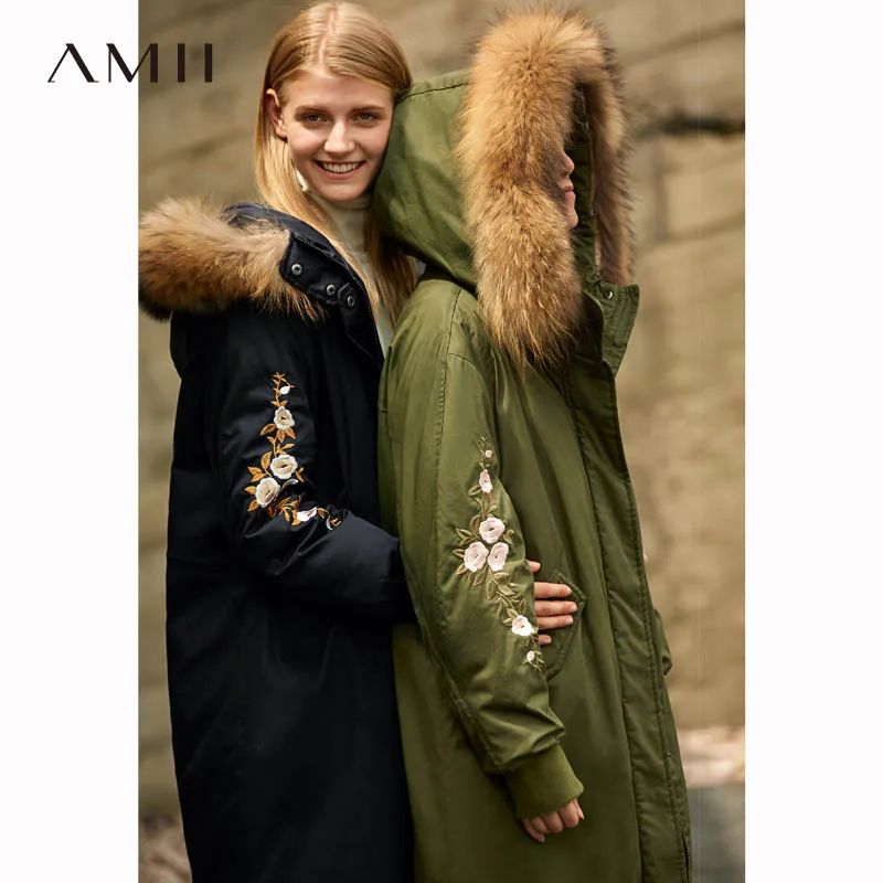 Fourrure Amii 2018 Lumière De Jackes Vintage D'hiver Chaud 90 Down Blanc navy Dow White Col Dow Long Femmes Broderie Casual Green Duvet Army Canard Épais army black Green Floral Coat Manteau Blue xYZYr7qnw