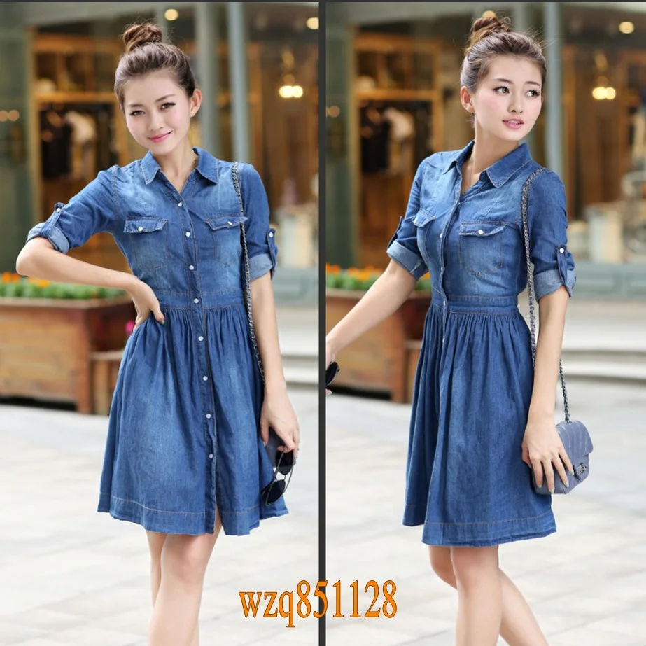 Summer Dress 2014 Women's Denim Dress Pleat Jeans Half Sleeve Plus Size
