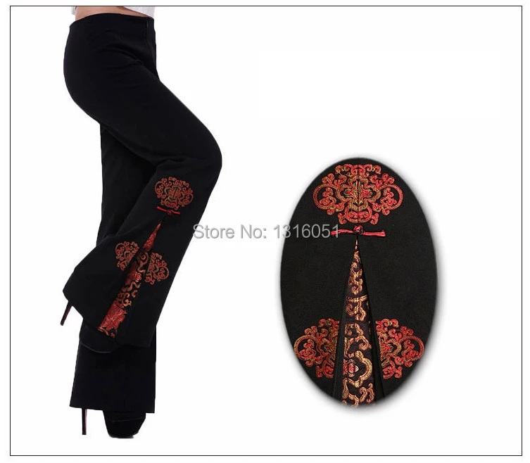 Китайские традиционные женские расклешенные брюки с цветочной вышивкой, брюки M, L, XL, XXL, 3XL, 4XL