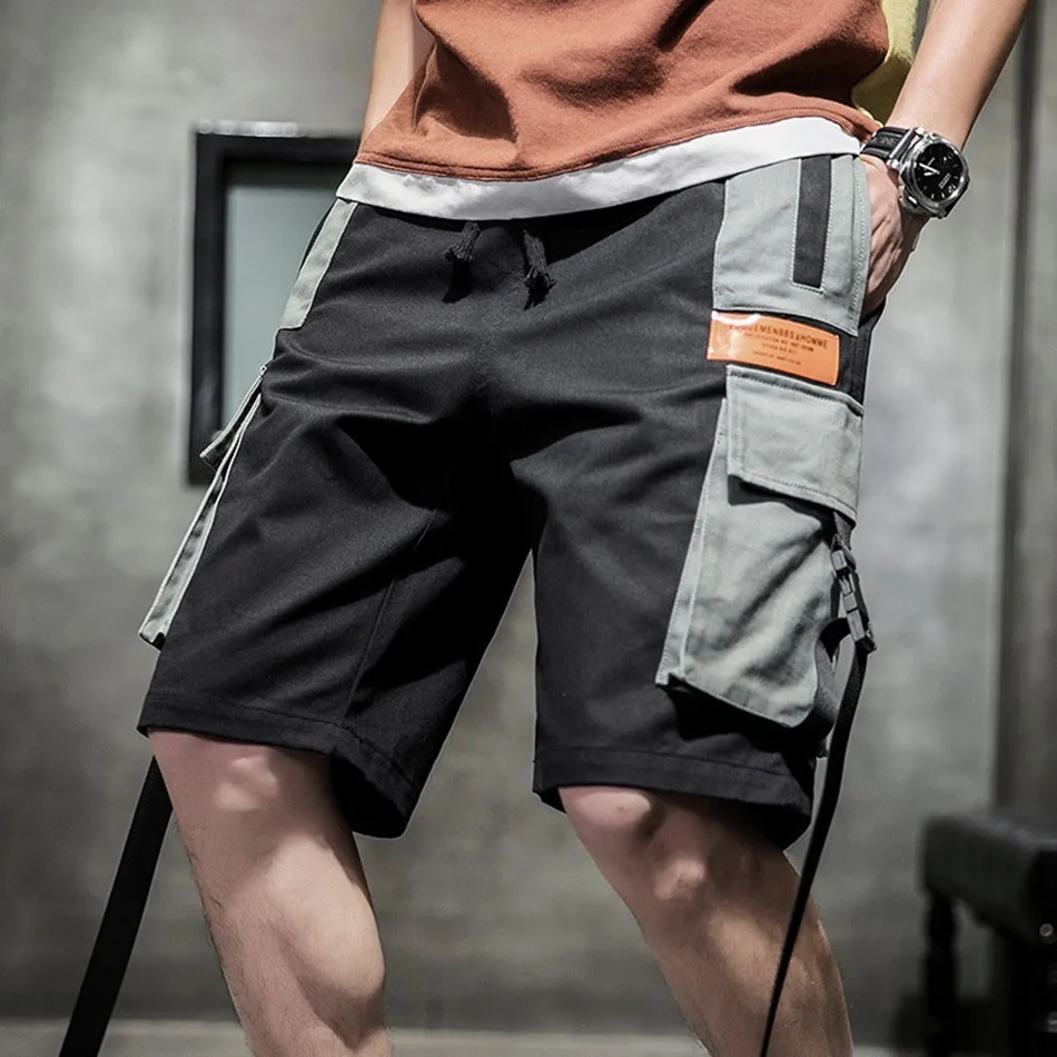 AudWhale Patchwork Cotton Men's Shorts Drawstring Mid Waist Multi Big Pockets Men Cargo Shorts For Summer