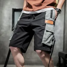 AudWhale Patchwork Cotton Men's Shorts Drawstring Mid Waist Multi Big Pockets Men Cargo Shorts For Summer