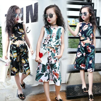 

Children's Clothing Girl Summer Set Kids Sleeveless Flower Printed Vest + Wide-legged Pants Suit Clothes for Girls 10 Years Old
