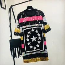 Летняя новая футболка в Юго-Восточной Азии с геометрическими полосками и блестками с короткими рукавами Женское пальто средней длины