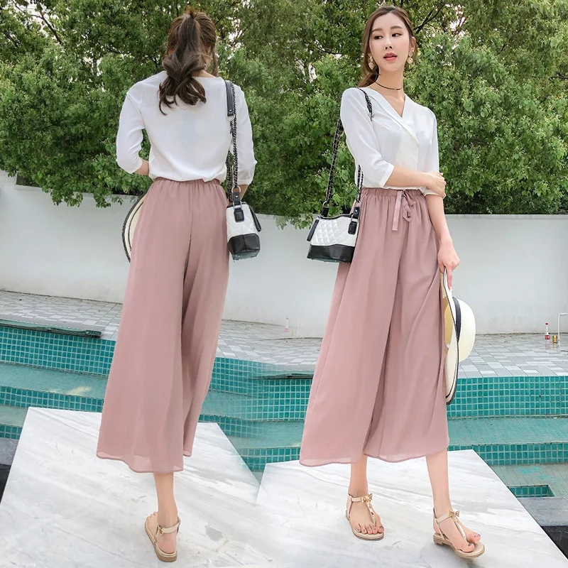 Summer 2019 Breathable Thin Folded Ice Silk Chiffon Wide-legged Pants Women's Nine-minute Pants and Eight-minute Pants Women Summer 2019 Breathable Thin Folded Ice Silk Chiffon Wide-legged Pants Women's Nine-minute Pants and Eight-minute Pants Women