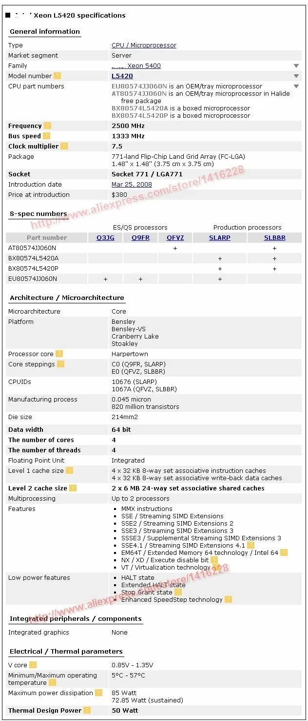 Lntel Xeon L5420 2,5 ГГц 12 м 1333 МГц Процессор равен Core 2 Quad Q9300 Процессор работает на LGA775 материнская плата