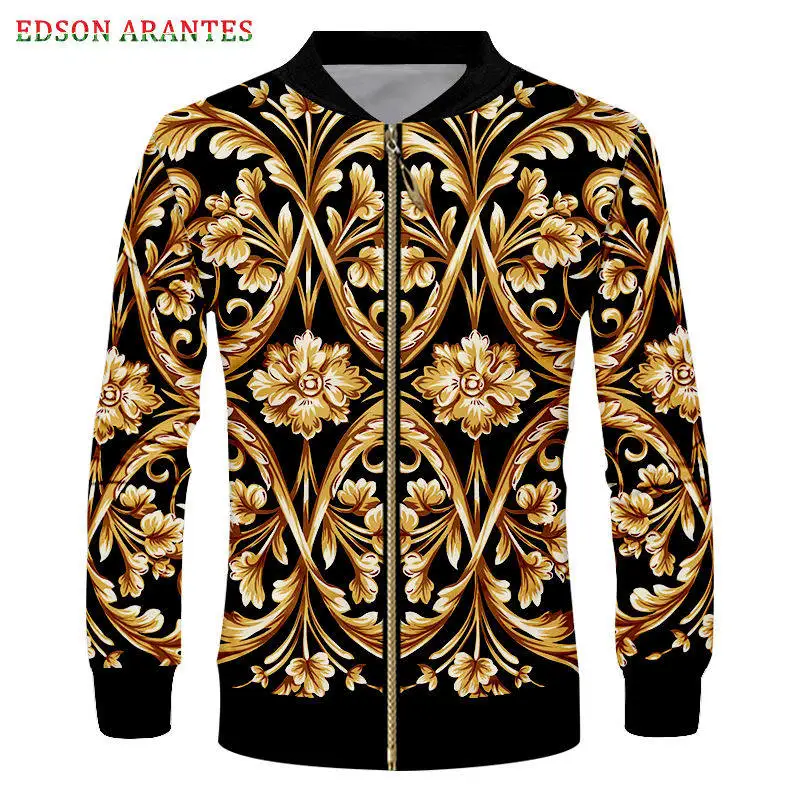 

Cool Man 3D Jackets Coats Funky Golden Floral Printed Hip Hop Streetwear Punk Zipper Outwear Tracksuits Custom Plus Size S-6XL
