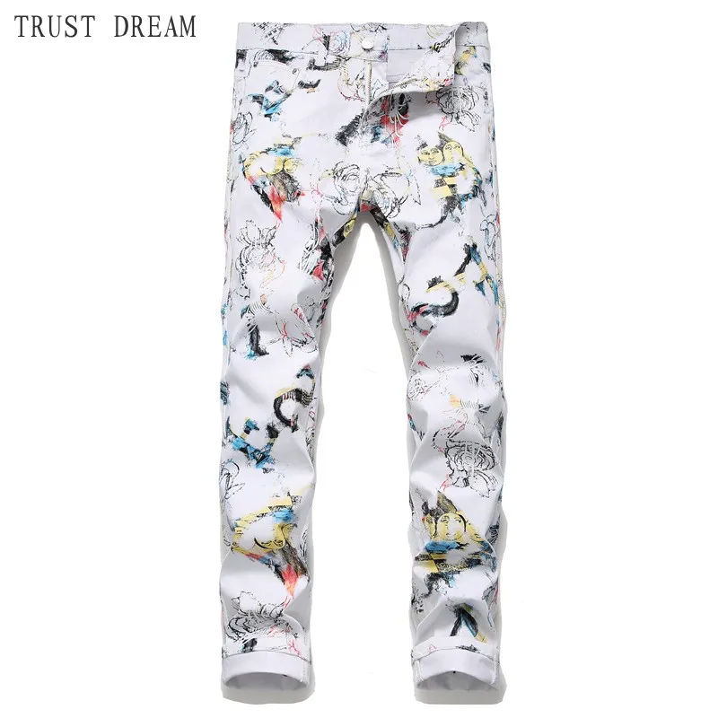 

2019 Europeans Style Man white Jeans Slim Floral Men Printed 3D Pants homme hombre Personal Amazing Male Casual Cool Jean
