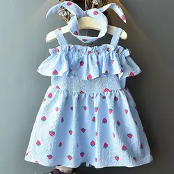 Летнее платье для маленьких девочек модное Полосатое платье без рукавов с открытыми плечами с клубничкой комплект с повязкой на голову