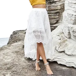 2018 новый летний Для женщин белая Цветочная вышивка выдалбливают Макси оборками Сращивание женские пикантные Высокая Талия Шифоновая юбка